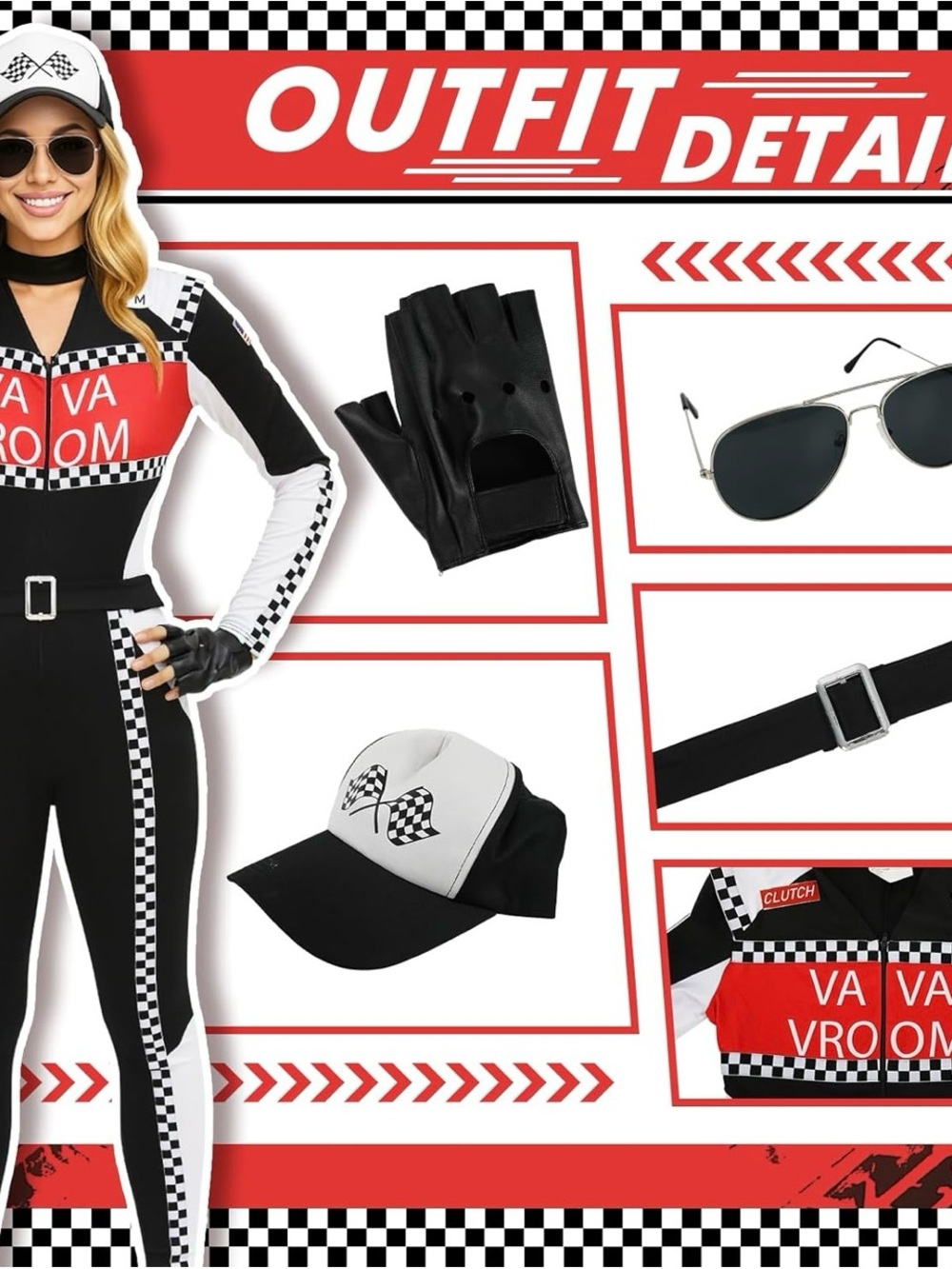 Va Va Voom Black, White & Red Racing-Style Jumpsuit - Picture 3 of 6